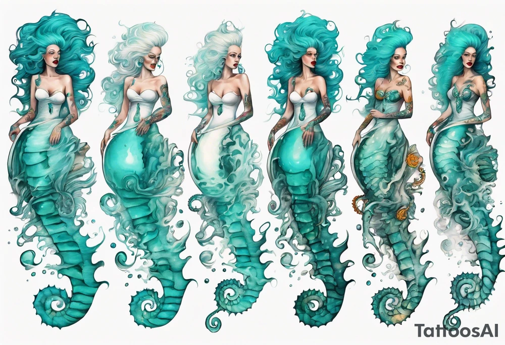 a tall woman made of water with turquoise hair riding a seahorse tattoo idea
