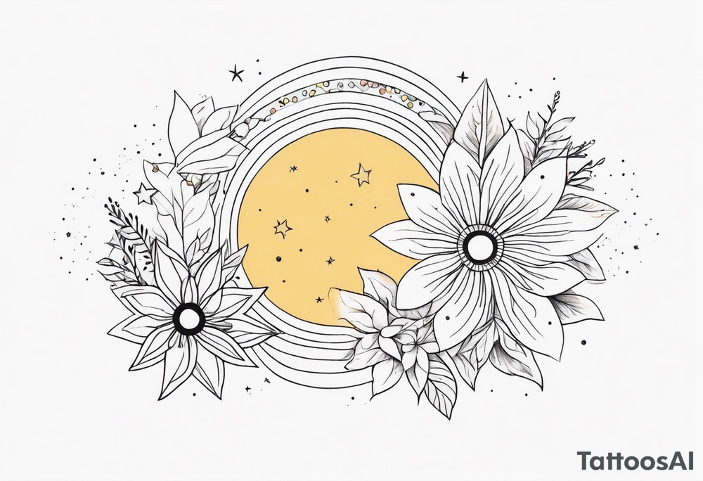 fine line with sun, stars, floral, dots. Sternum tattoo tattoo idea