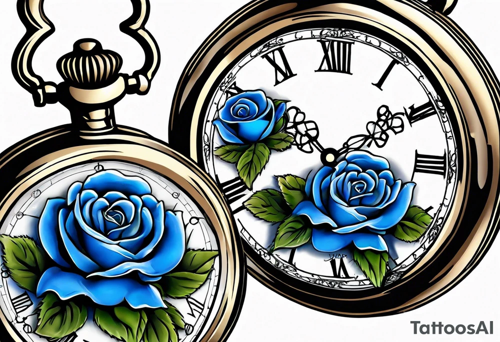 Pocket watch with blue roses tattoo idea
