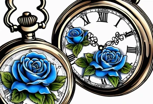Pocket watch with blue roses tattoo idea