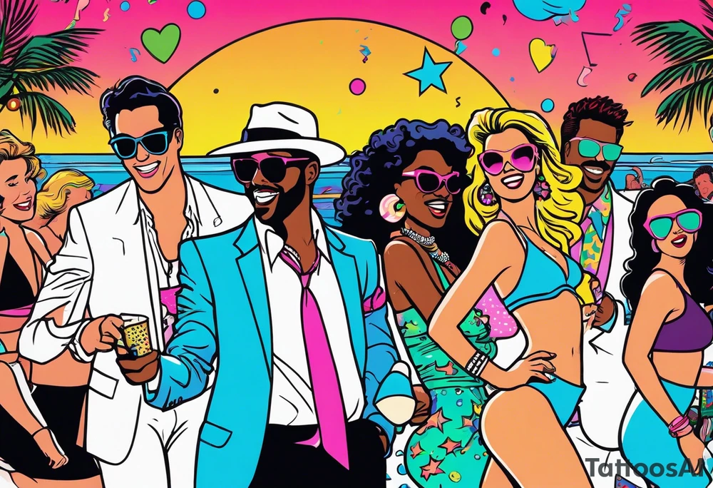 1980's miami vice style beach dance 
party, include confetti, music notes, boom box, bikinis tattoo idea