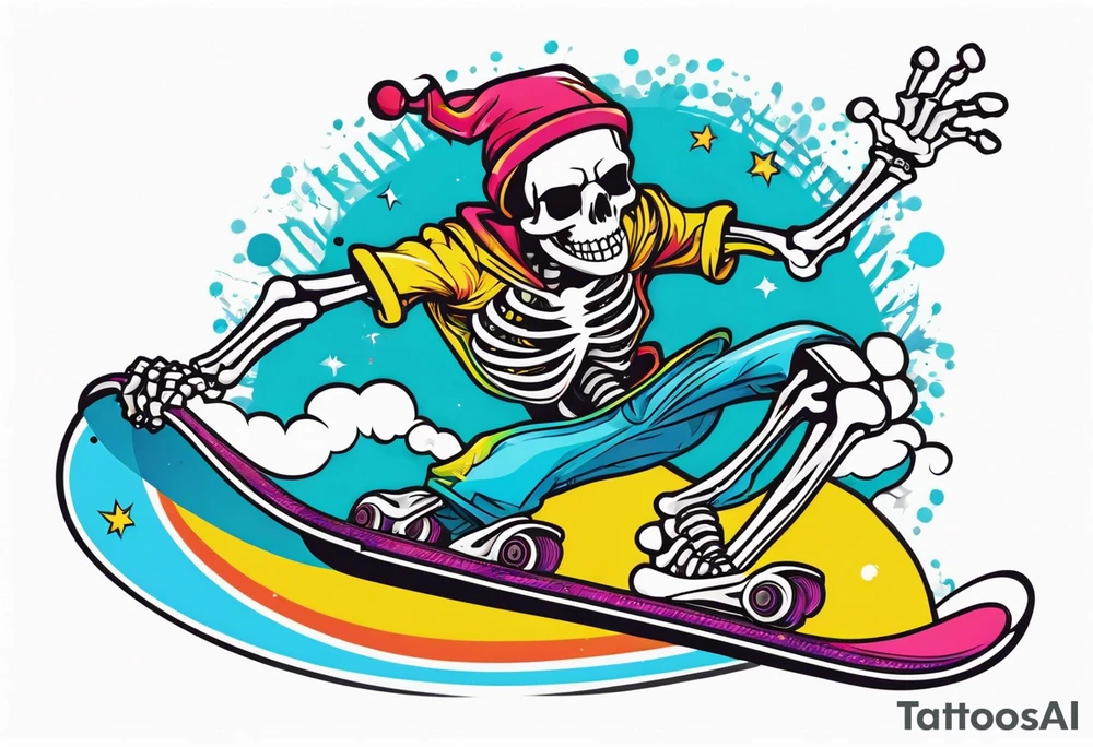 American traditional skeleton with new school snowboard doing a 360 tattoo idea