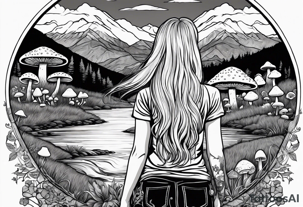 Straight long blonde hair hippie girl in distance holding mushrooms in hand facing away toward mountains and creek surrounded by mushrooms tee shirt hiking pants

Circular picture tattoo idea