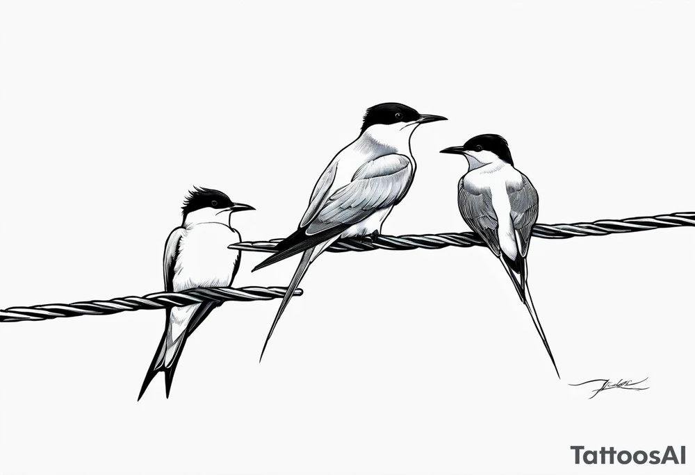 Three Arctic tern Silhouettes on a single power Line. Two are sitting, one Starts to fly away tattoo idea