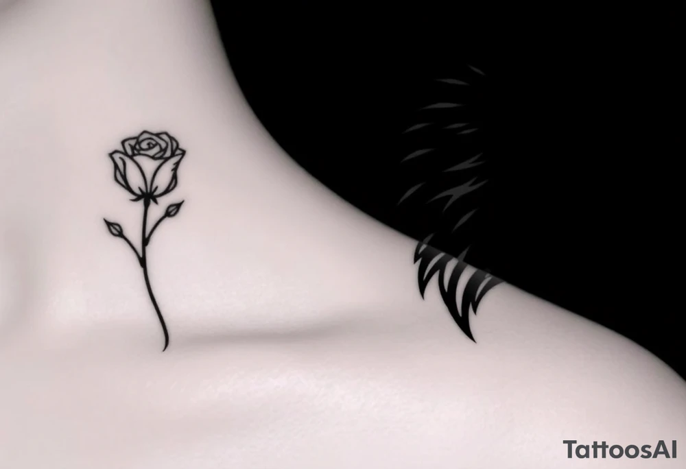 Matching/ connecting tattoos:
Your Tattoo (Beauty): A delicate but dark-looking rose, perhaps with thorns wrapped around it in a fine-line, illustrative style. Hidden among the petals or thorns could be the initials 'J' and 'T' intertwined.
His Tattoo (Beast): The head of a menacing but sad-looking beast, done in a stylized, hard-core black and gray. The tattoo could be a half-face or include jagged lines. Hidden in the negative space of the beast's ear or horns could be your date.
Connecting Element: The rose's stem could be broken, with the last petal falling towards his tattoo. You could place the tattoos on facing wrists or ankles for a permanent connection. tattoo idea