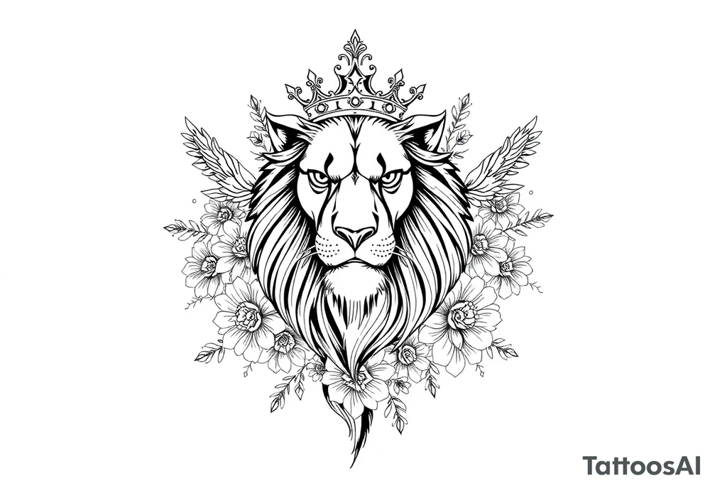powerful majestic lion with a crown, surrounded by floral ornaments and birds tattoo idea