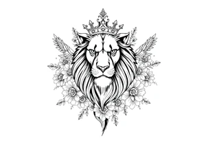powerful majestic lion with a crown, surrounded by floral ornaments and birds tattoo idea