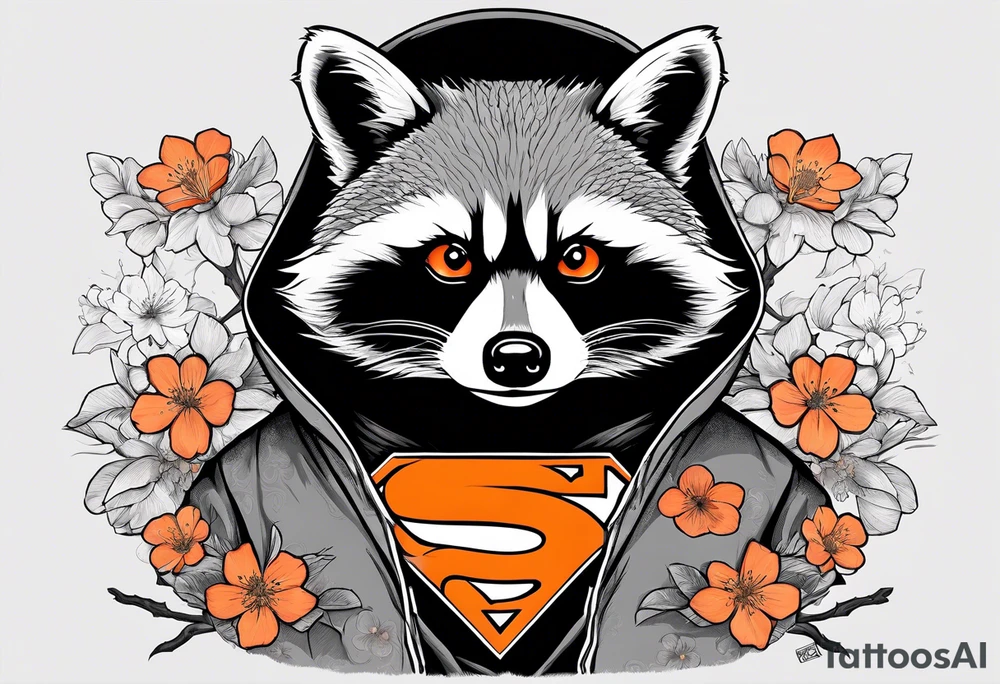raccoon wearing a black and white Superman hoodie and orange Japanese cherry blossoms tattoo idea