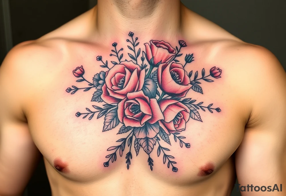 vintage bouquet of wild roses and meadow flowers with morning dew tattoo idea