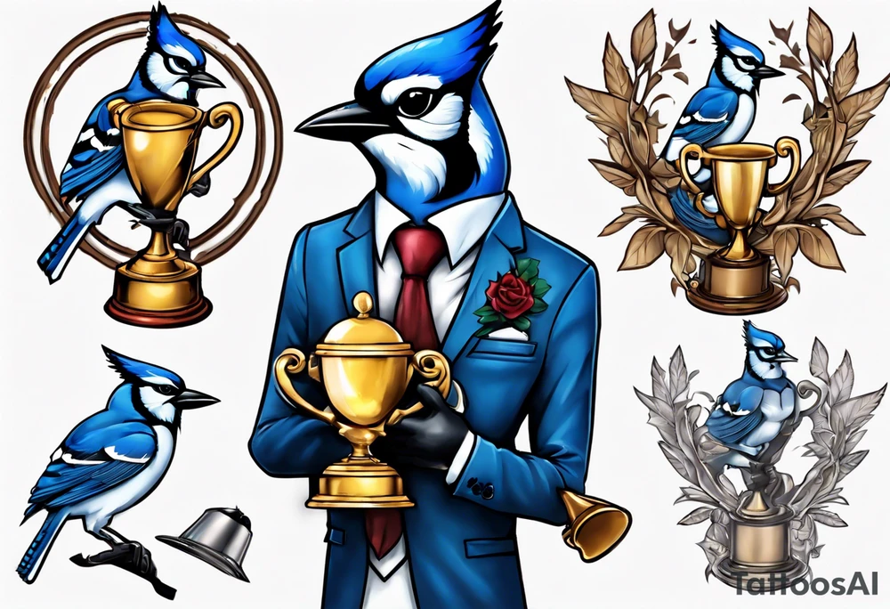 bluejay in a suit holding a trophy tattoo idea