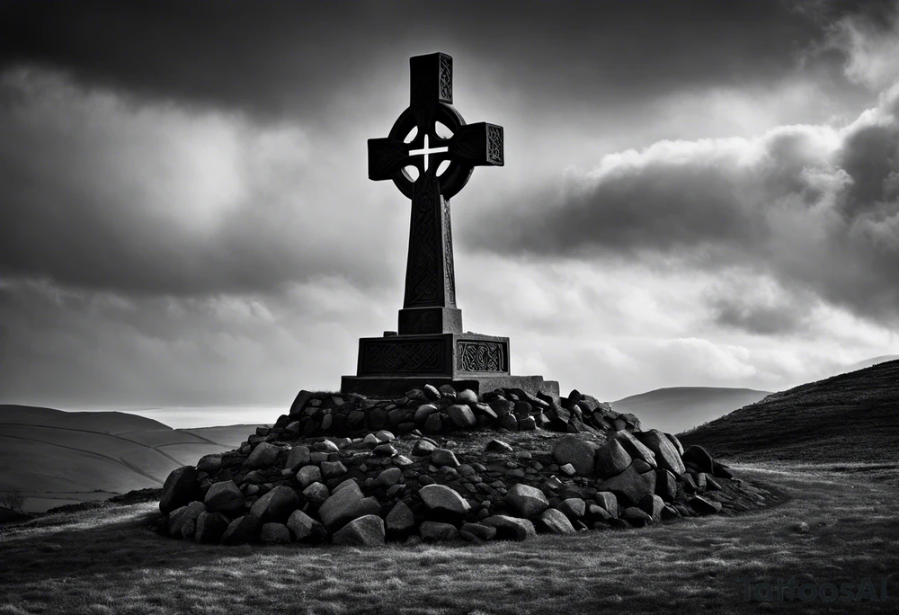 A monochromatic scene dominated by the presence of a massive, intricately carved stone Celtic cross standing tall and solemn atop a barren hill. The cross is crafted from black basalt, its arms stretching outward to form a crucifix adorned with intricate knotwork designs. At its base, the cross is surrounded by a circular pattern of interlocking circles, symbolizing eternity and the never-ending cycle of life and death. tattoo idea