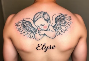 Create baby angle with closed wings, hand crossed and her name Elyse in the image
Again tattoo idea