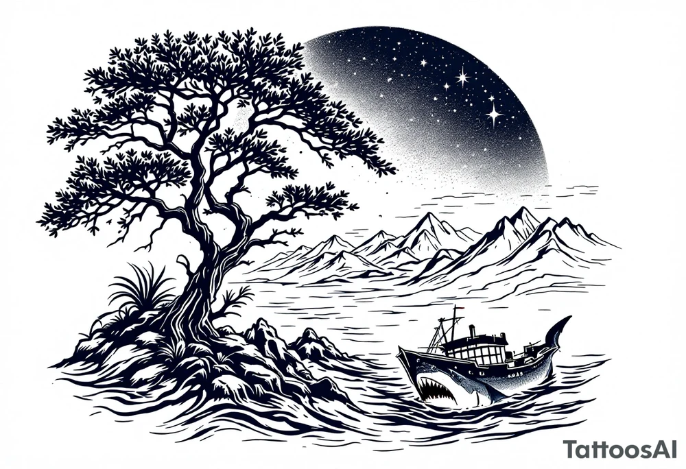 tattoo that has an acacia tree with mountains, ocean with a ship wreck with sharks and the northern star tattoo idea