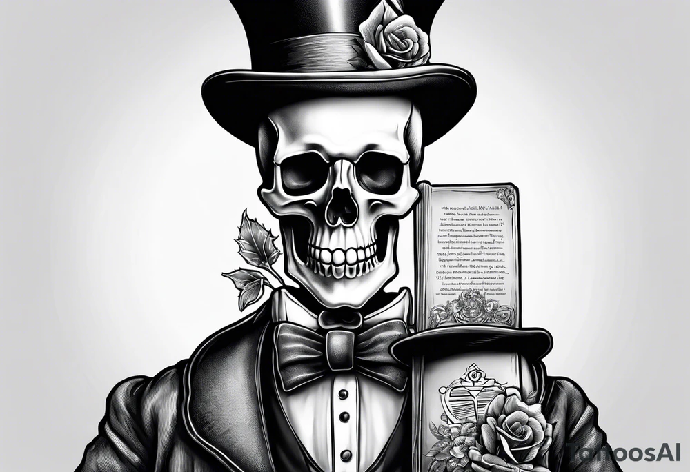 old time skeleton wearing a top hat holding a bible tattoo idea