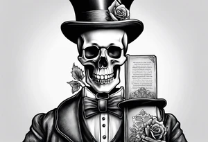 old time skeleton wearing a top hat holding a bible tattoo idea