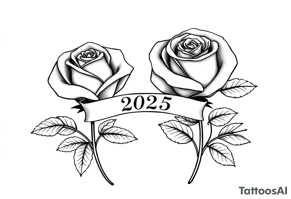 two beautiful large rose buds, one larger than the other, with many leaves next to the rose buds, with one sitting higher than the other. Include a banner connecting the two roses with "2025" on it.   Use dark outlines with little shading. The two stems should be short, not long, and connect and join into one stem, whimsically curved or twisted - not straight down. tattoo idea
