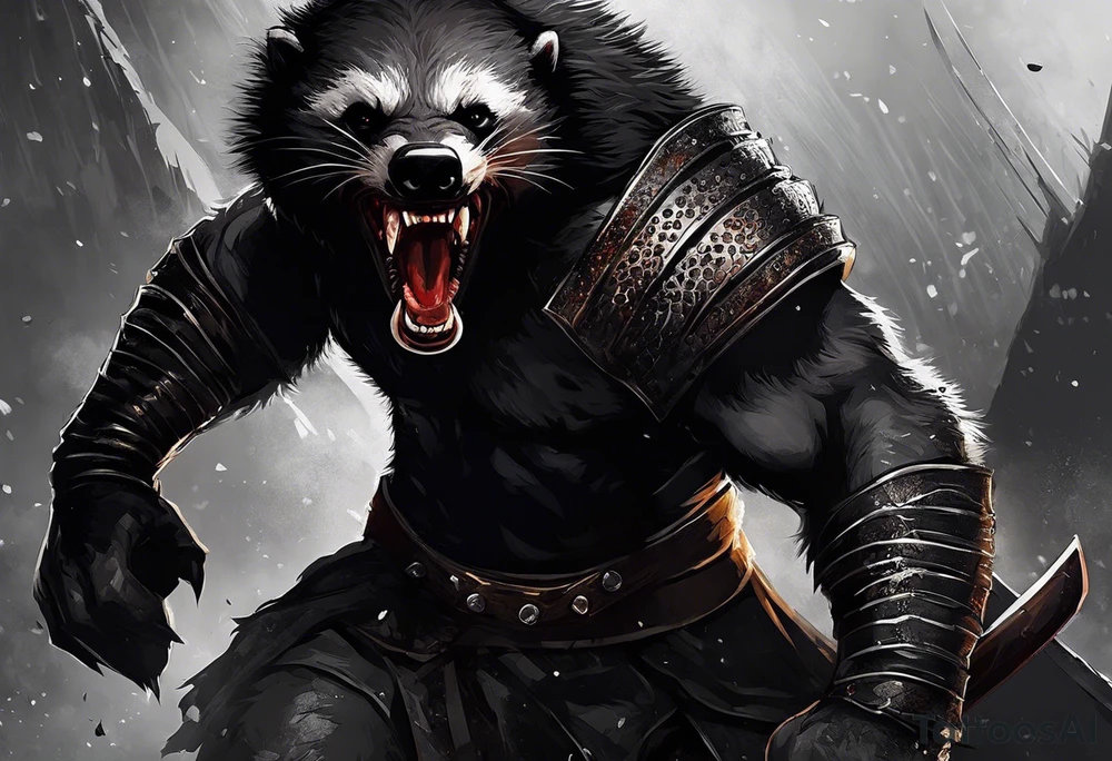 Draw me psychopath Fearless Honey Badger/Berserker with aggressive full body, killer face with a scary smile, very long nails and he attacks like a Bloody Assassin/Warrior/Gladiator to us and also, he has very deadly looking. He fights with his nails only. Everybody scares after their first sight. Give me horror type Badger Tattoo. I want to see his Realistic full body with no weapons. You can show destruction at the back. tattoo idea