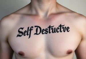 Outline of the words Self Destructive in a bold and thick gothic black letter cursive/ curly font lettering across the chest tattoo idea