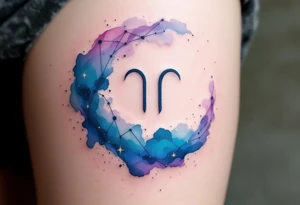 A watercolor Capricorn star constellation flows in soft blues and purples, wrapping around a minimal Capricorn glyph. tattoo idea