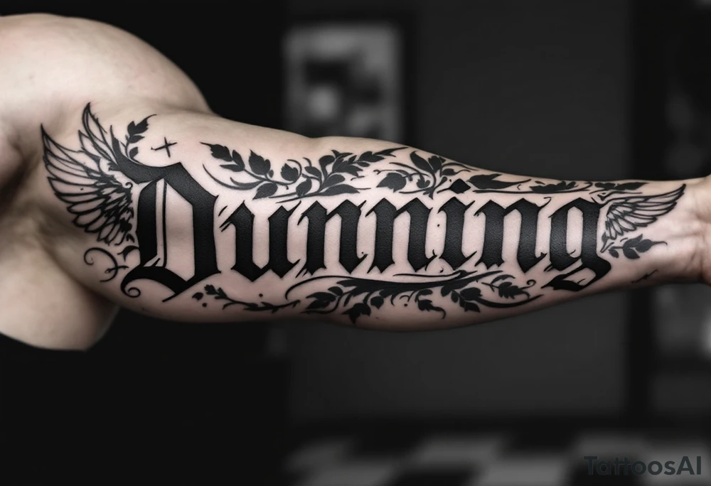 Dunning,on left arm details include angel wing, greek type of font,jungle leaves , tiger claw scratch tattoo idea