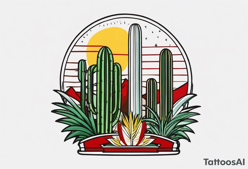 Crest with a hood on top,
13 rays of red and weld-yellow on the top half. NYC sky line
a cactus on the left side and a royal palm on the right side tattoo idea