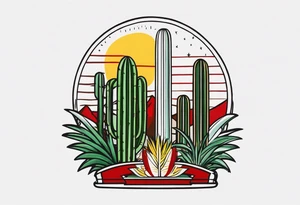 Crest with a hood on top,
13 rays of red and weld-yellow on the top half. NYC sky line
a cactus on the left side and a royal palm on the right side tattoo idea