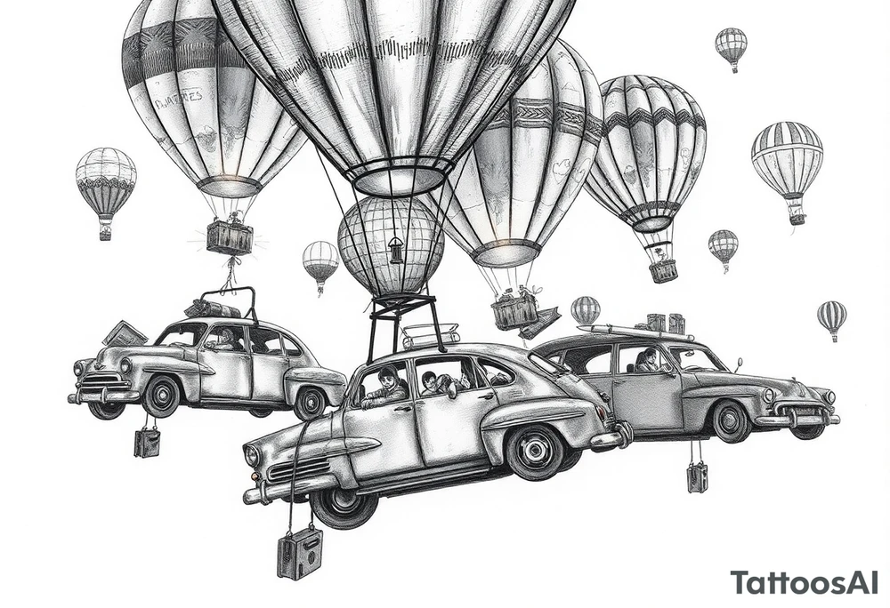 in a very steam punk vibe i want you to make a picture of a bunch of old beat up cars with people lounging in them and garbage and junk all up in and on them, tied to hot air balloons floating in the sky right about dusk and they are as far as the eye can see i want the cars to be floating as if they were the basket to the hot air balloons and the hot air balloons are all different colors and patterns and some are old and patched and i dont want to see the ground at all  i want this to be a scene that is up in the sky with them all floating under the balloons tattoo idea
