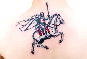 A mounted Templar knight charging into battle, his white cape billowing behind him, sword raised high, and his warhorse adorned with a red and white caparison tattoo idea