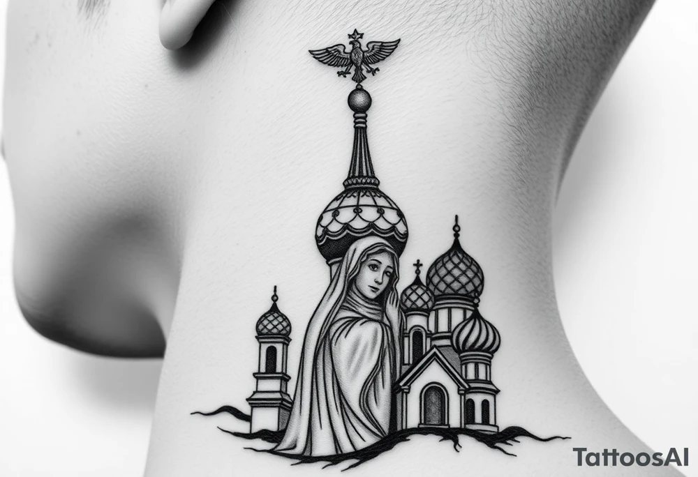 Flowing Scene

A onion domes orthodox church
Virgin Mary in prayer pose wrapping around the lower neck curve
A small double headed russian coat of arms eagle or just the star tucked above the dome near the hairline tattoo idea