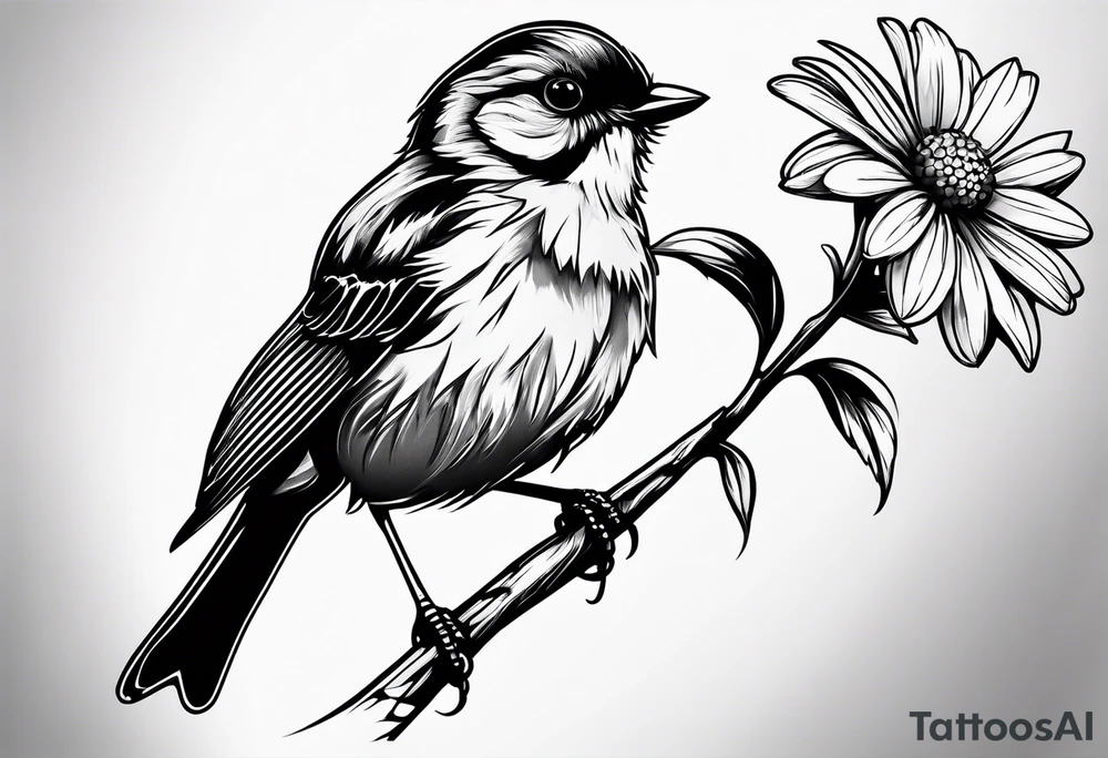 Little bird perched on a daisy flower tattoo idea
