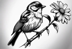 Little bird perched on a daisy flower tattoo idea