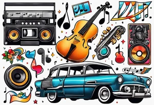 sleeve

music notes, a cassette tape, and
instruments tattoo idea