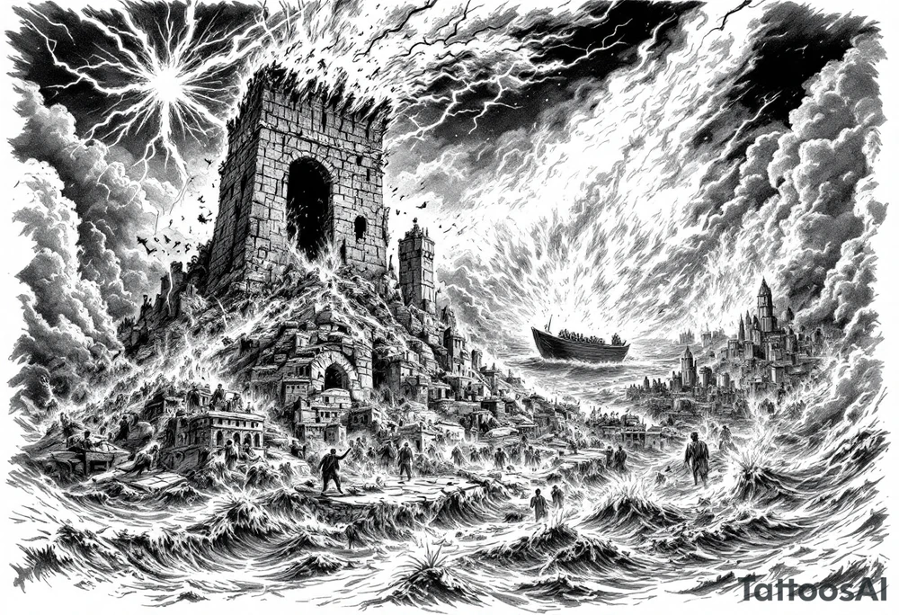 this will be a right arm sleeve.

A crumbling tower struck by lightning, with people scattering in chaos.
Fire raining down from heaven on a burning city, with smoke rising.
A blazing altar with fire falling from heaven
 Floodwaters overtaking the earth, with an ark in the distance. tattoo idea