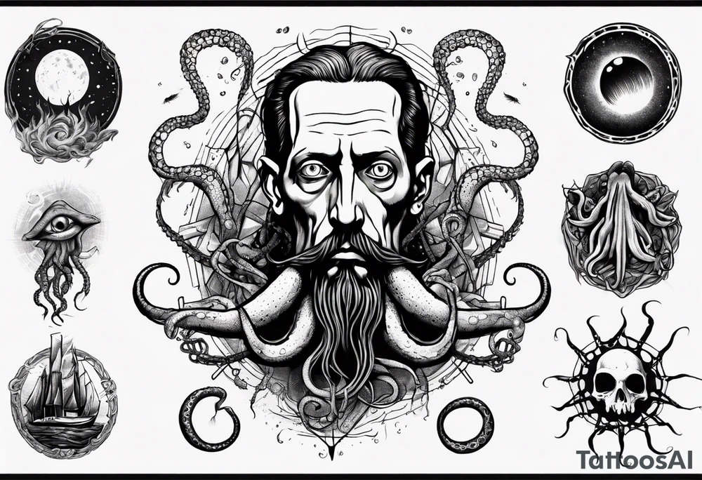 lovecraft long tattoo to put on the forearm, with eye and tentacle tattoo idea