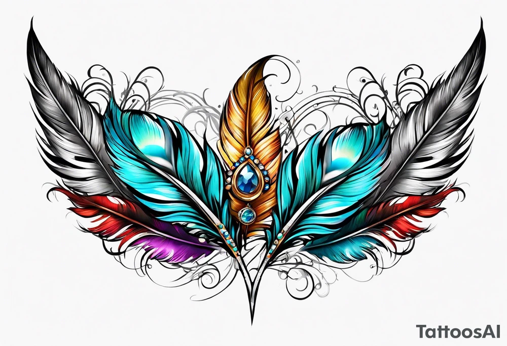 feather with jewels tattoo idea