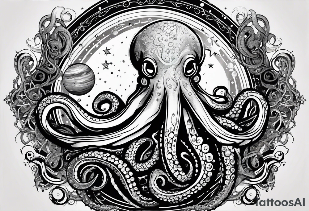 An octopus blended with celestial elements, such as stars and planets integrated into its tentacles. This can symbolize the octopus's reach and influence, connecting it to a broader universe. tattoo idea