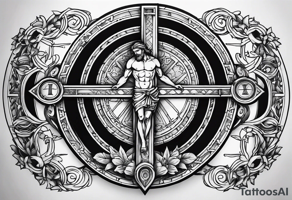 Roman numerals and crucified man inside circle tattoo idea Roman numerals and crucified man inside circle tattoo idea