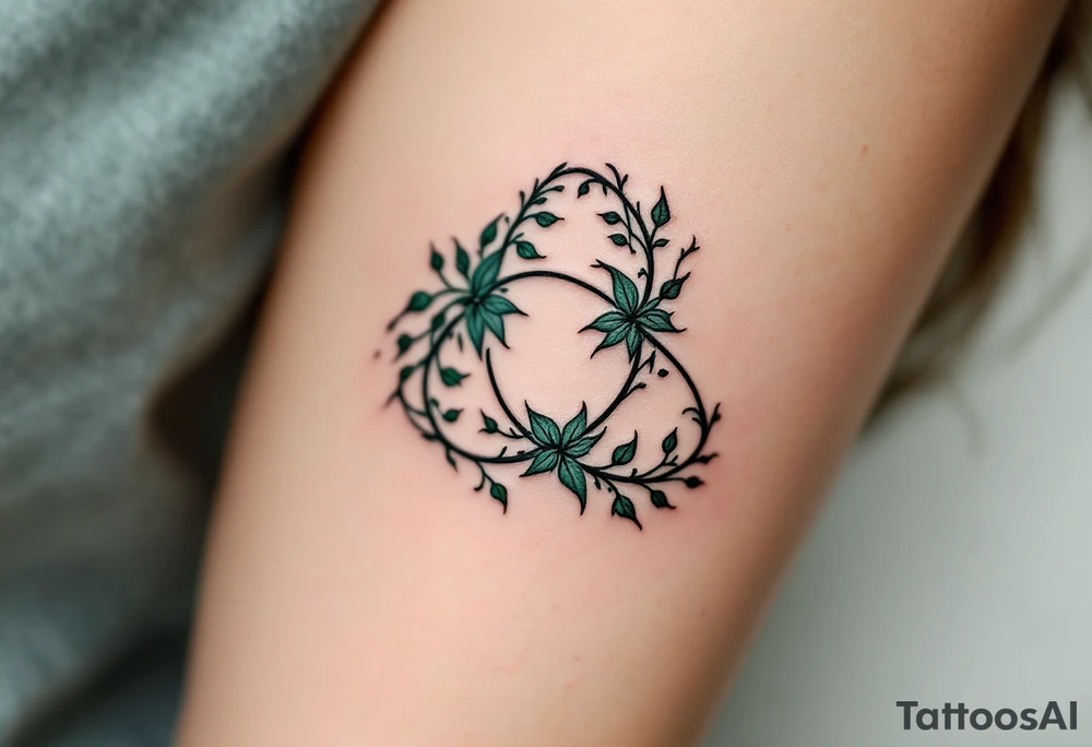 A triquetra formed from twisting ivy vines, shaded in deep forest green, representing growth and eternity. tattoo idea