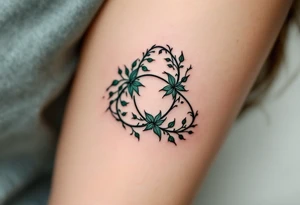 A triquetra formed from twisting ivy vines, shaded in deep forest green, representing growth and eternity. tattoo idea