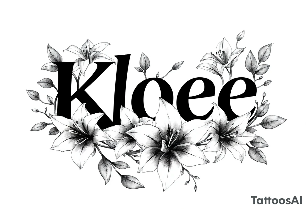 The word Kloee surrounded by big
lilies with the vines in letters tattoo idea