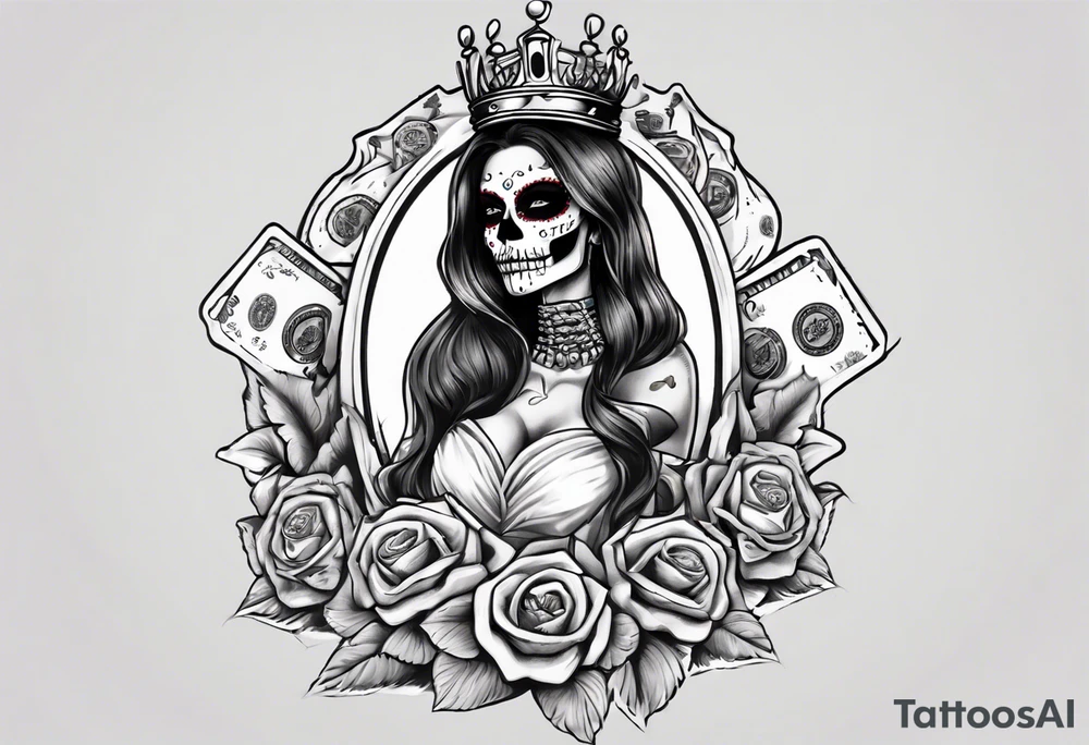 santa la muerta with money and crown
on the card tattoo idea