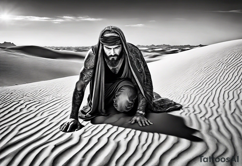 man crawling in a desert toward the cross of Christ tattoo idea