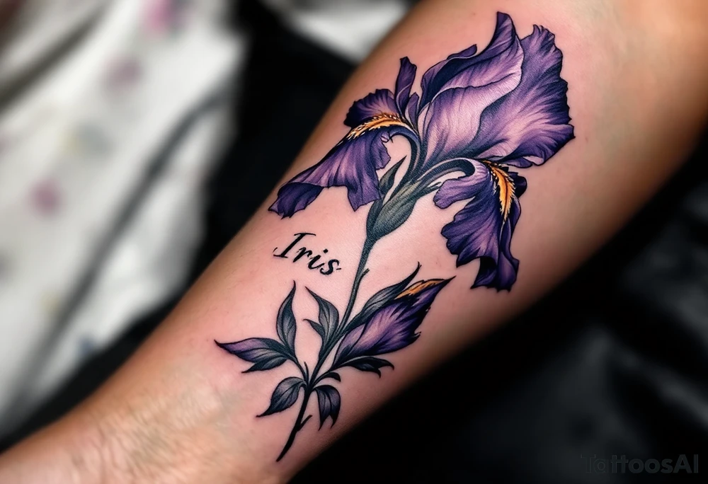 big purple flower with the name “IRIS” written in the stem of the flower in cursive on the outside of the forearm tattoo idea