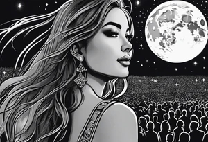 A behind profile of a  girl at a night-time outdoor concert in the crowd smiling and dancing. The frame should be able to see the stage and with the moon in the sky. tattoo idea