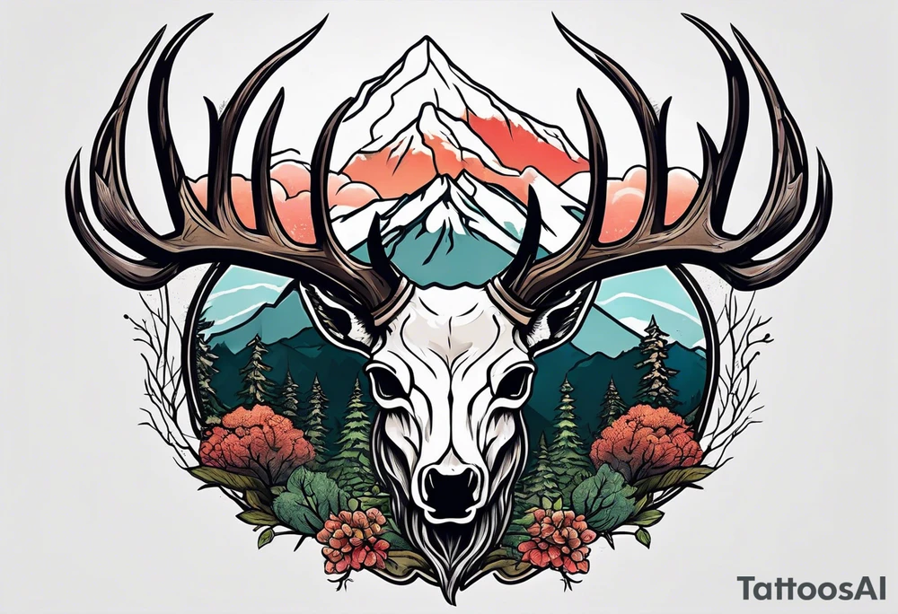 deer skull mountain trees tattoo idea