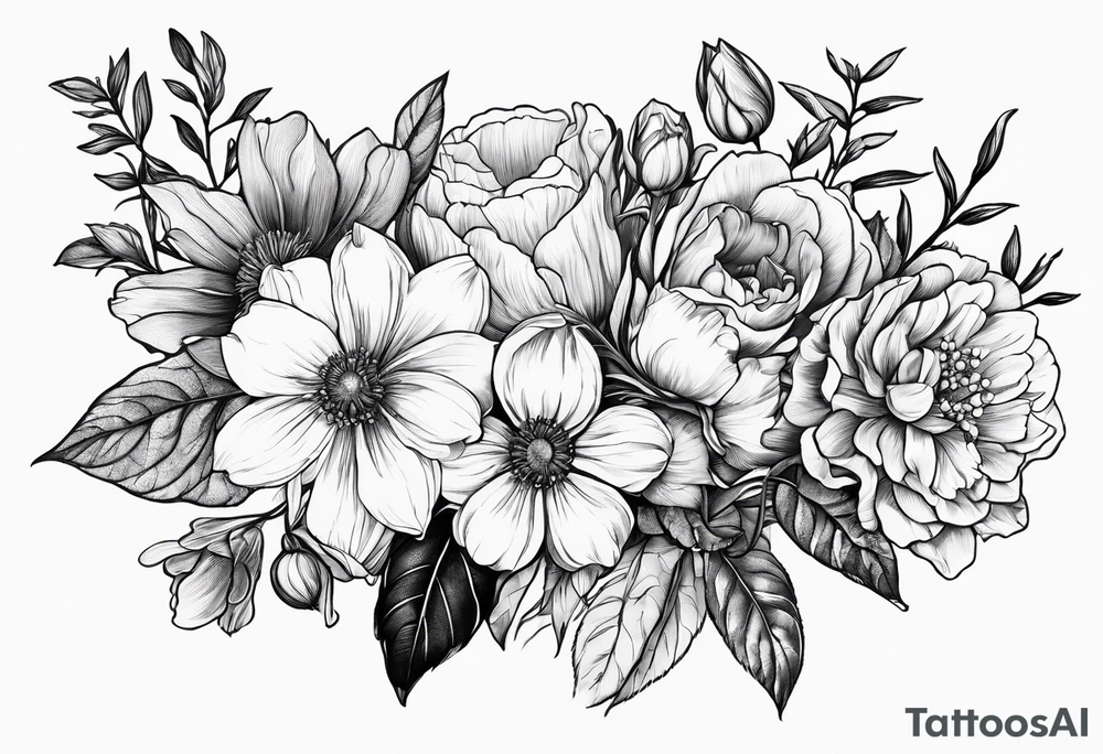birth flower hand held bouquet with February March August August and October birth flowers tattoo idea
