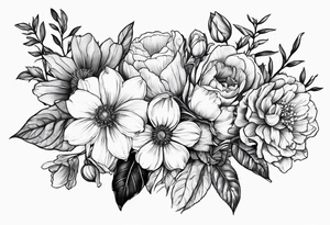 birth flower hand held bouquet with February March August August and October birth flowers tattoo idea