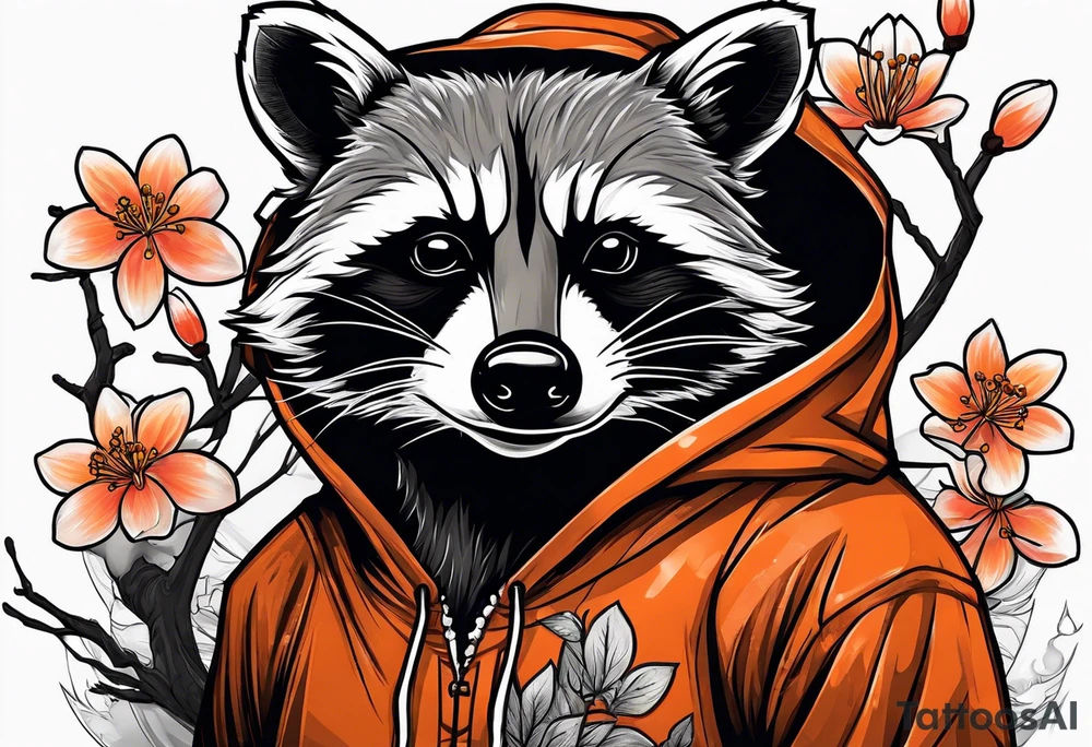 Raccoon wearing a white Superman logo on a black hoodie and orange Japanese cherry blossoms beside tattoo idea