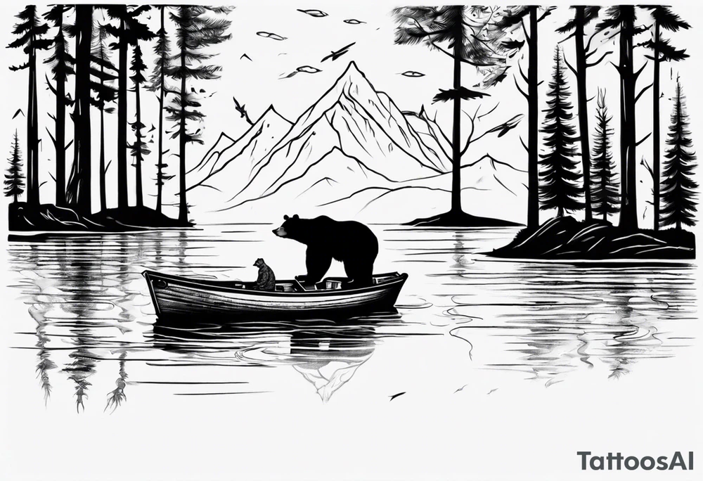 bear, forest, lake, small man on a fishing boat, appalachia, arm sleeve tattoo tattoo idea