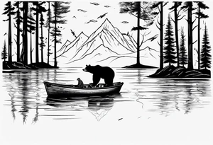 bear, forest, lake, small man on a fishing boat, appalachia, arm sleeve tattoo tattoo idea